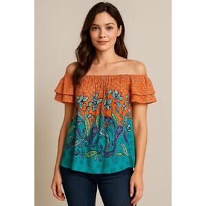 Poetry Boho Off Shoulder Paisley Floral Ruffle Flowy Top Sz Small